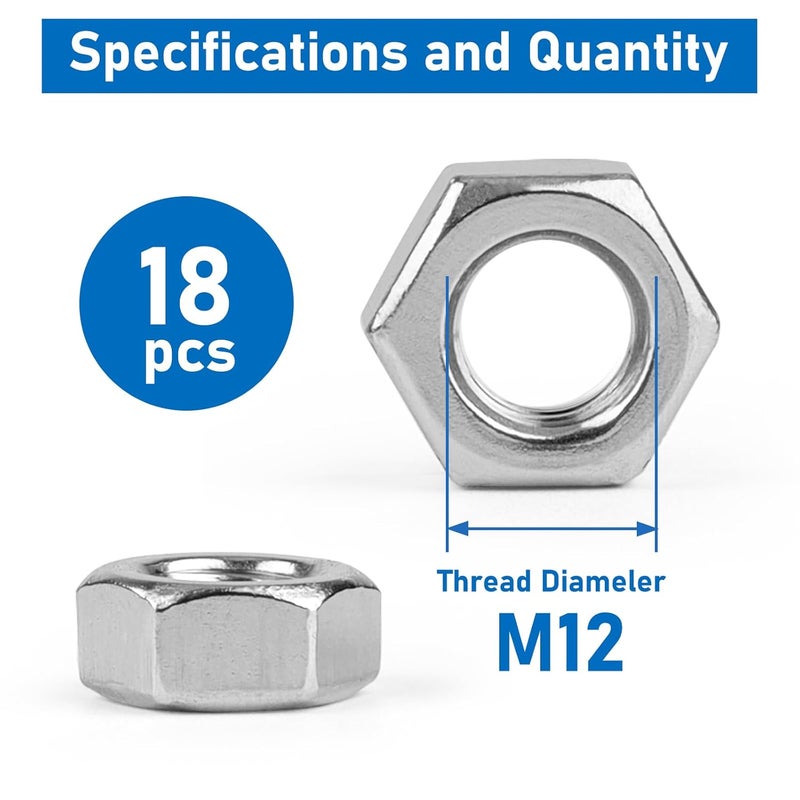 Vmuter Hex Nuts, 18 Pack M12 304 (A2-70) Stainless Steel Hardware Nuts,Standard Inch Coarse Thread Nuts - Image 2